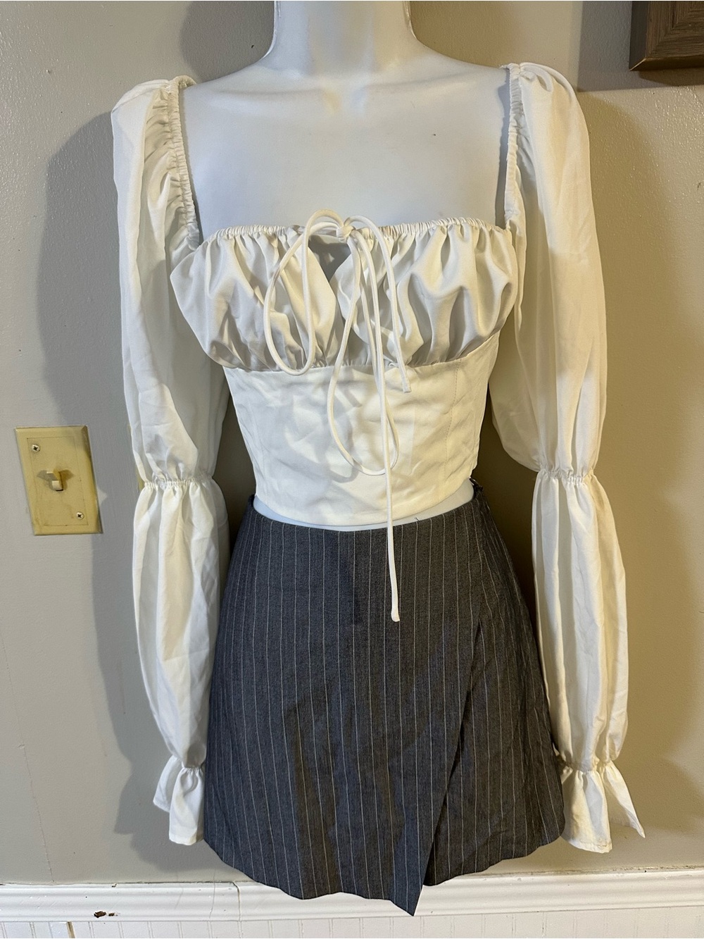 White Peasant Tie-Front Long Sleeve Crop Top